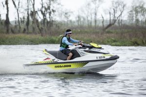 Riding a personal watercraft while wearing a properly fitting life jacket.