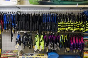 Life jackets on display at a retail outlet.