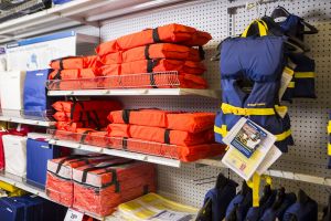 Life jackets on display at a retail outlet.