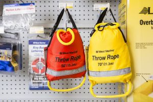 Safety equipment on display at a retail outlet.