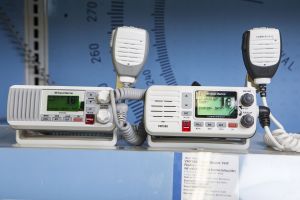 VHF radios on display at a retail outlet.