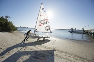 Preparing to sail while wearing a properly fitting life vest in the Sand Key inlet in Clearwater Beach.