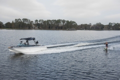 Water skiing behind a water ski boat on Lake Sheen in Orlando, Florida.